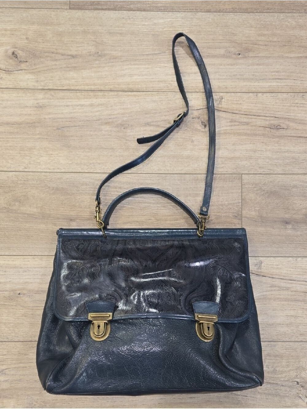 Vintage Italian Made Leather Flap Satchel Handbag with Brass Hardware